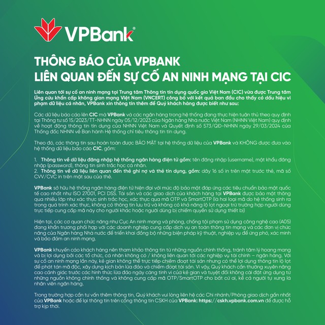 VPBank: Thông tin đăng nhập, password, sinh trắc học và CVV của khách hàng không được gửi vào hệ thống CIC - Ảnh 1.