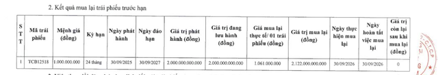 Techcombank tất toán 2 lô trái phiếu sau 1 năm phát hành - Ảnh 1.
