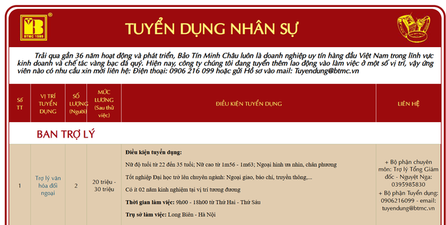 Trước khi bị công an kiểm tra tại loạt cửa hàng, Bảo Tín Minh Châu từng gây sốc về điều kiện tuyển dụng - Ảnh 1.