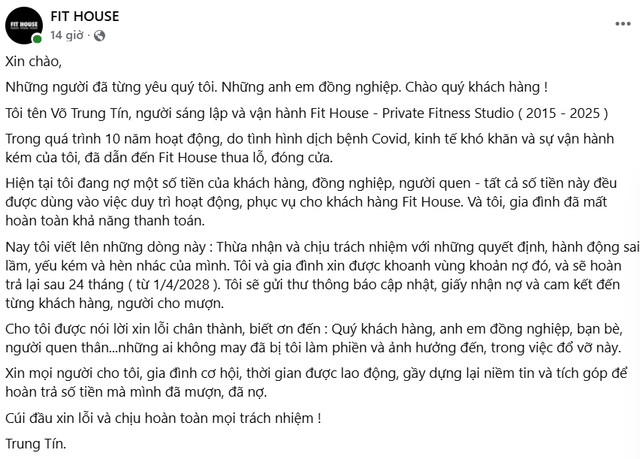 Một phòng gym hoạt động 10 năm thông báo đóng cửa vĩnh viễn, Founder viết tâm thư thừa nhận thua lỗ và mất khả năng thanh toán các khoản nợ - Ảnh 1.