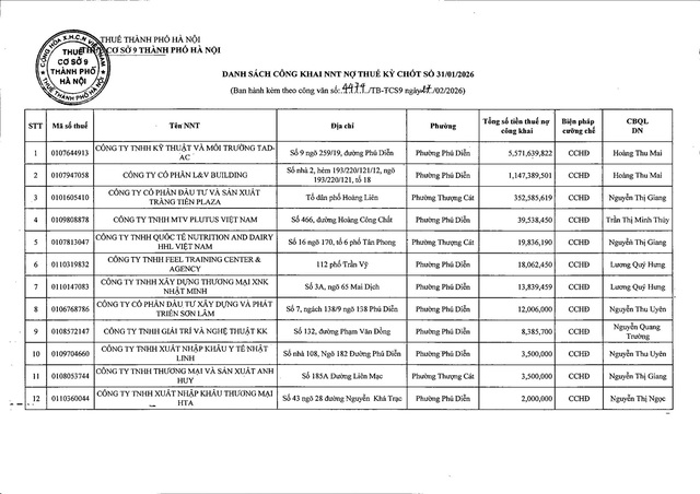 Thuế TP Hà Nội công khai thông tin 12 trường hợp nợ thuế, con số lớn nhất lên tới 1,1 tỷ đồng - Ảnh 2.