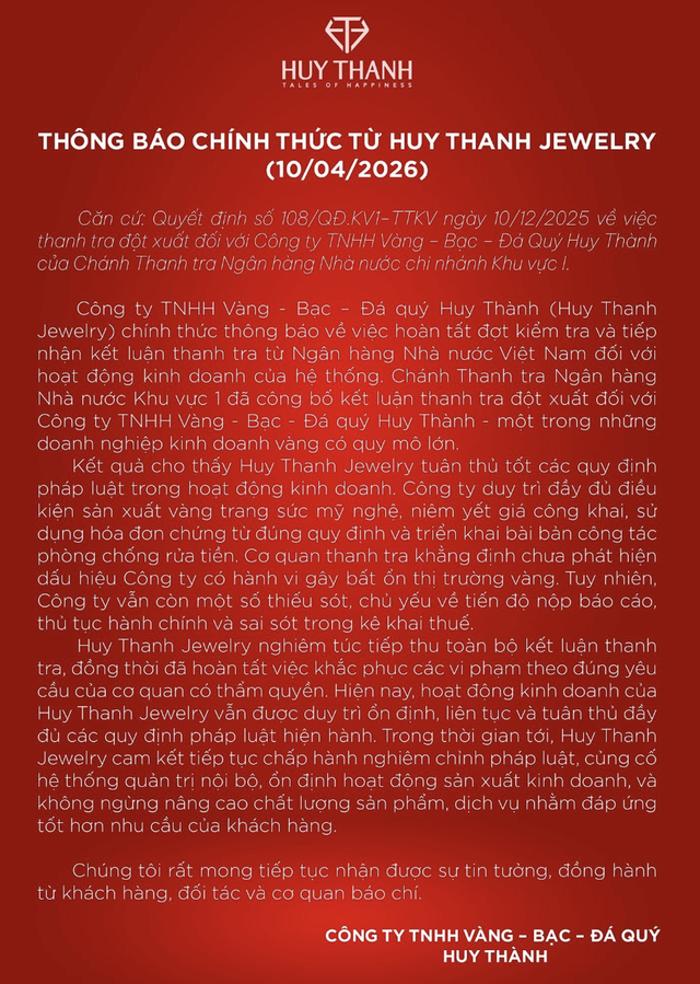 Huy Thanh Jewelry lên tiếng sau kết luận thanh tra, thừa nhận một số sai sót về báo cáo và thuế- Ảnh 1.