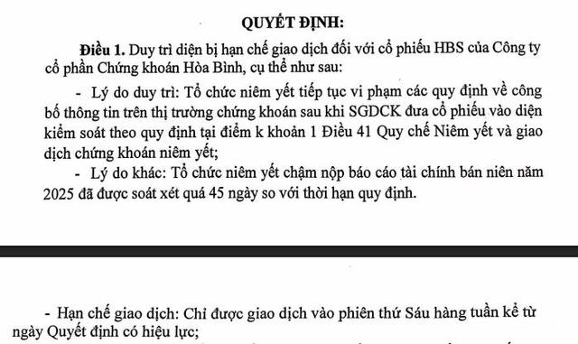 Cổ phiếu của Chứng khoán Hòa Bình duy trì diện hạn chế giao dịch - Ảnh 1.
