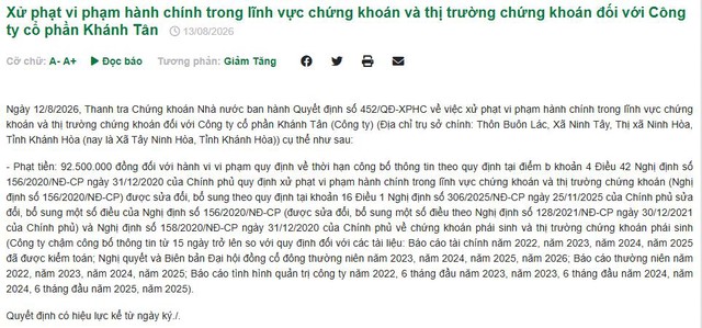 Công ty Khánh Tân bị phạt vì chậm công bố thông tin - Ảnh 1.