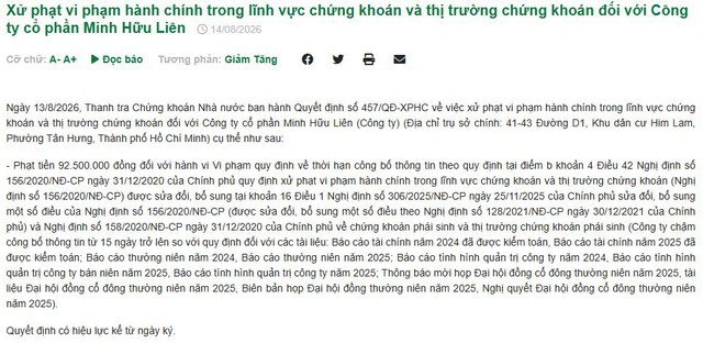Minh Hữu Liên nhận án phạt vì chậm công bố thông tin - Ảnh 1.