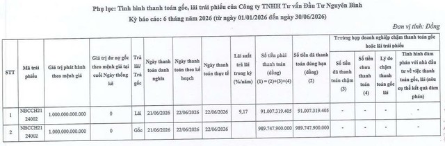 Đầu tư Nguyên Bình thanh toán bao nhiêu gốc, lãi trái phiếu trong nửa đầu năm 2026? - Ảnh 1.