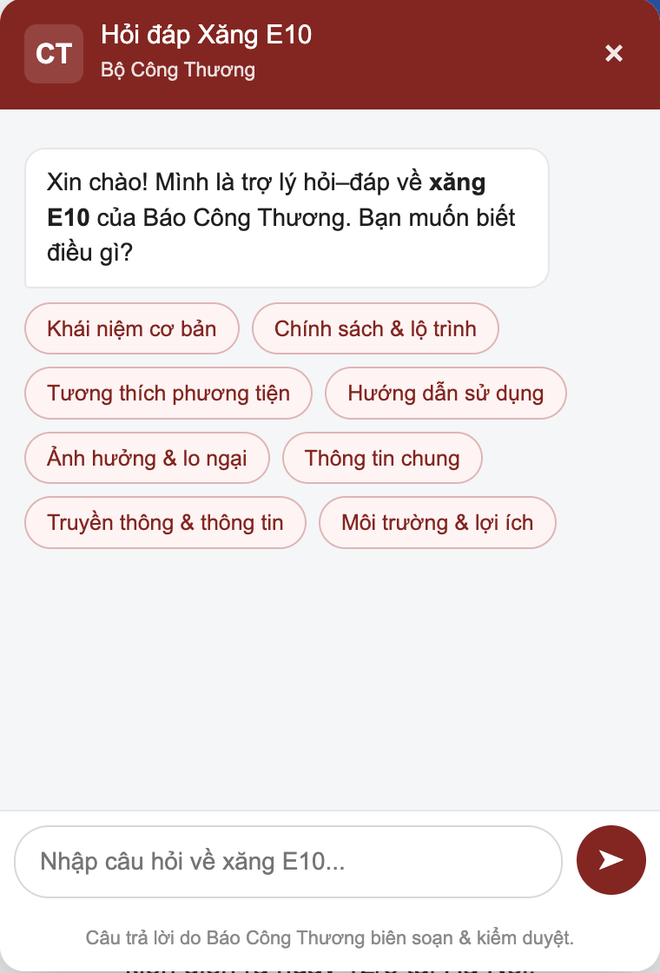 Xăng E10 bán đại trà toàn quốc, Bộ Công Thương đưa chatbot hỗ trợ người dân tra cứu - Ảnh 1.