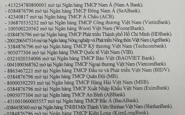 Người từng giao dịch với 27 tài khoản ngân hàng mở tại Agribank, Vietcombank, VietinBank, BIDV, MB, Techcombank... sau đây khẩn trương báo công an